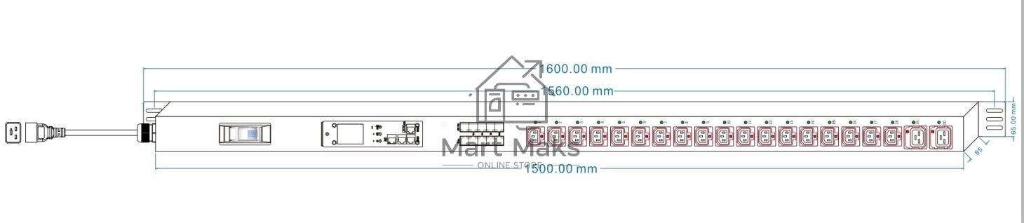 Блок распределения питания Powercom PDU-16AVMS20-18C13-2C19 18*C13+2*C19, 16A, 1,5U (1968234)