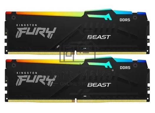 Оперативная память Kingston Fury Beast, DDR5, 64GB (2x32GB), 5200MHz, CL40, DIMM, с радиатором, RGB, черный