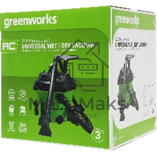 Строительный пылесос GreenWorks G120WDV (4701207) зеленый, 1300 Вт, уборка сухая/влажная, пылесборник контейнер, 34 л