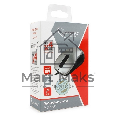 Мышь проводная Gembird MOP-100-S серебристый, 1000 dpi, USB, кнопки - 3