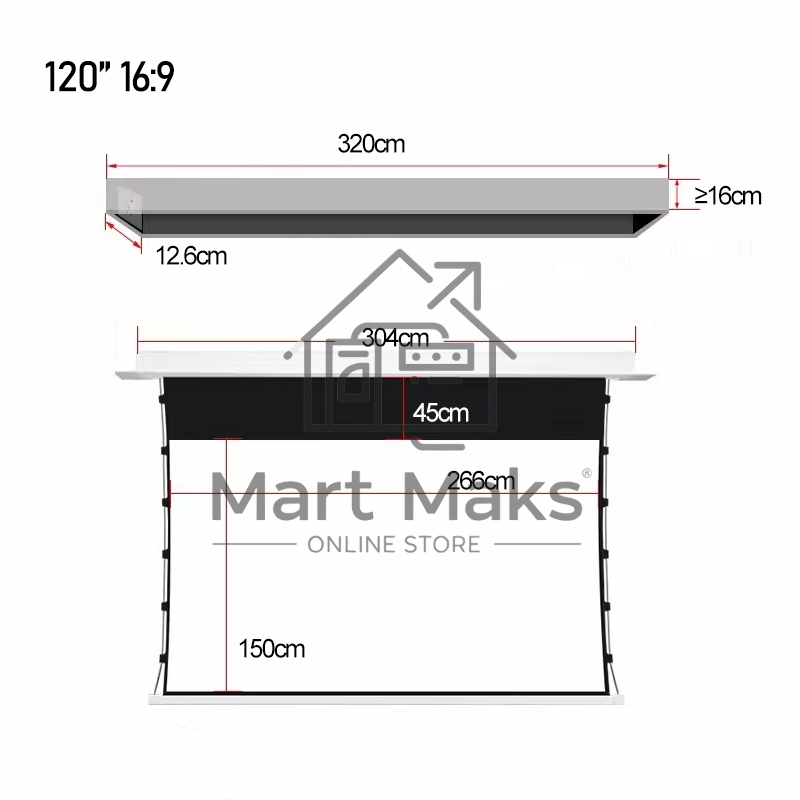 Экран для проектора S'OK SCPSMC-266X150ED45GF для встраивания в потолок моторизованный 120'' с боковым натяжением, полотно Grey Fiberglass, экстрадроп 45см