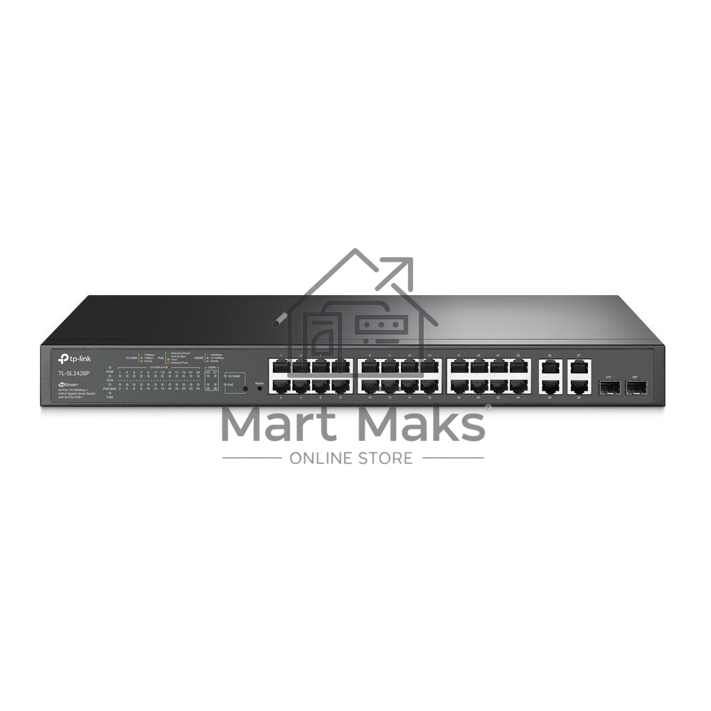 Сетевой коммутатор JetStream 24-port 10/100Mbps + 4-port Gigabit L2 Smart Switch with 24-port PoE+, PoE budget up to 250W, support PoE power management, with abundant L2 features,1U rack mountable, full managed via web UI/CLI/SSH/Telnet/SNMP