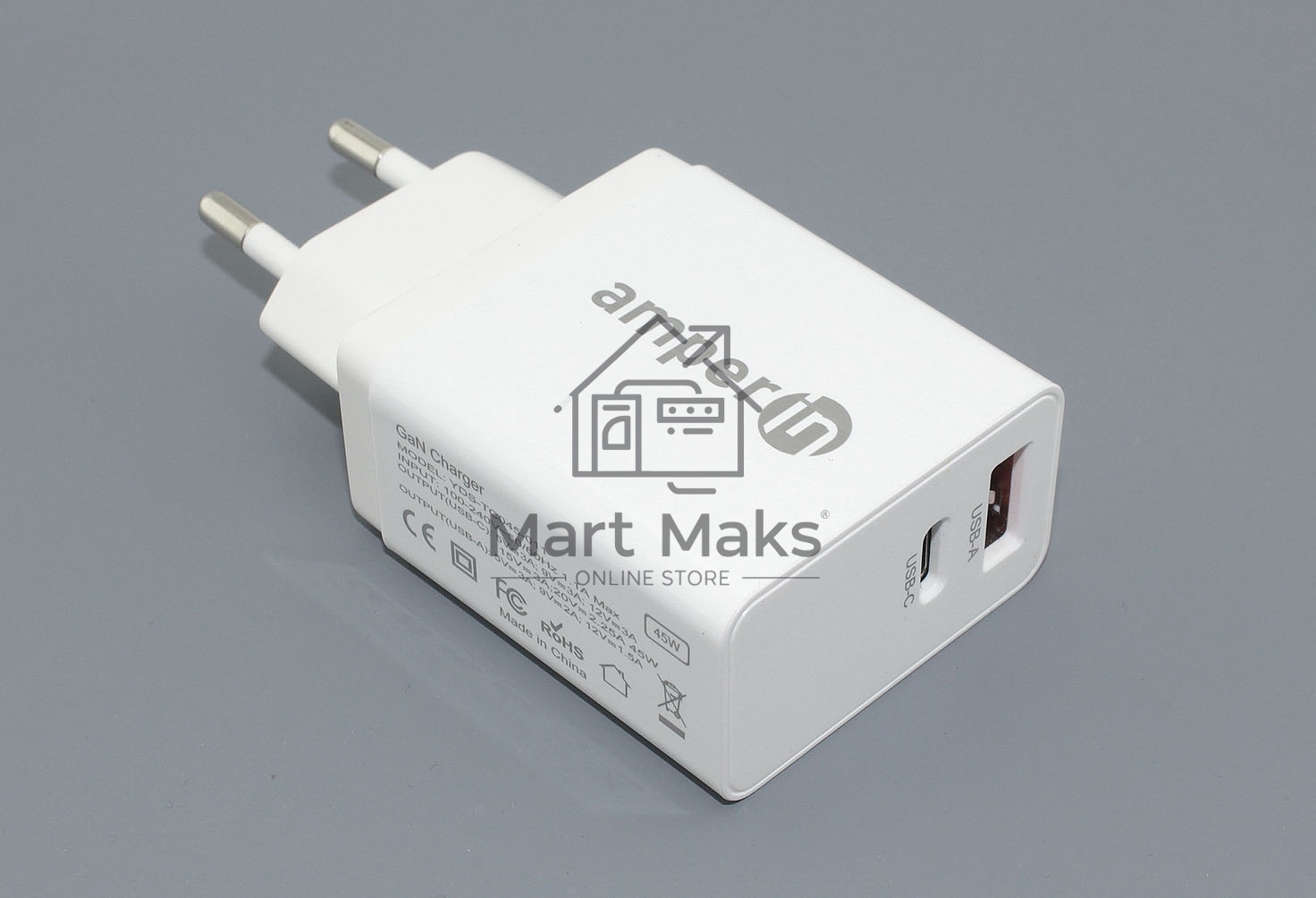Блок питания (сетевой адаптер) Amperin USB-A, USB-C (YDS-TC045-011PK) 45W, белый