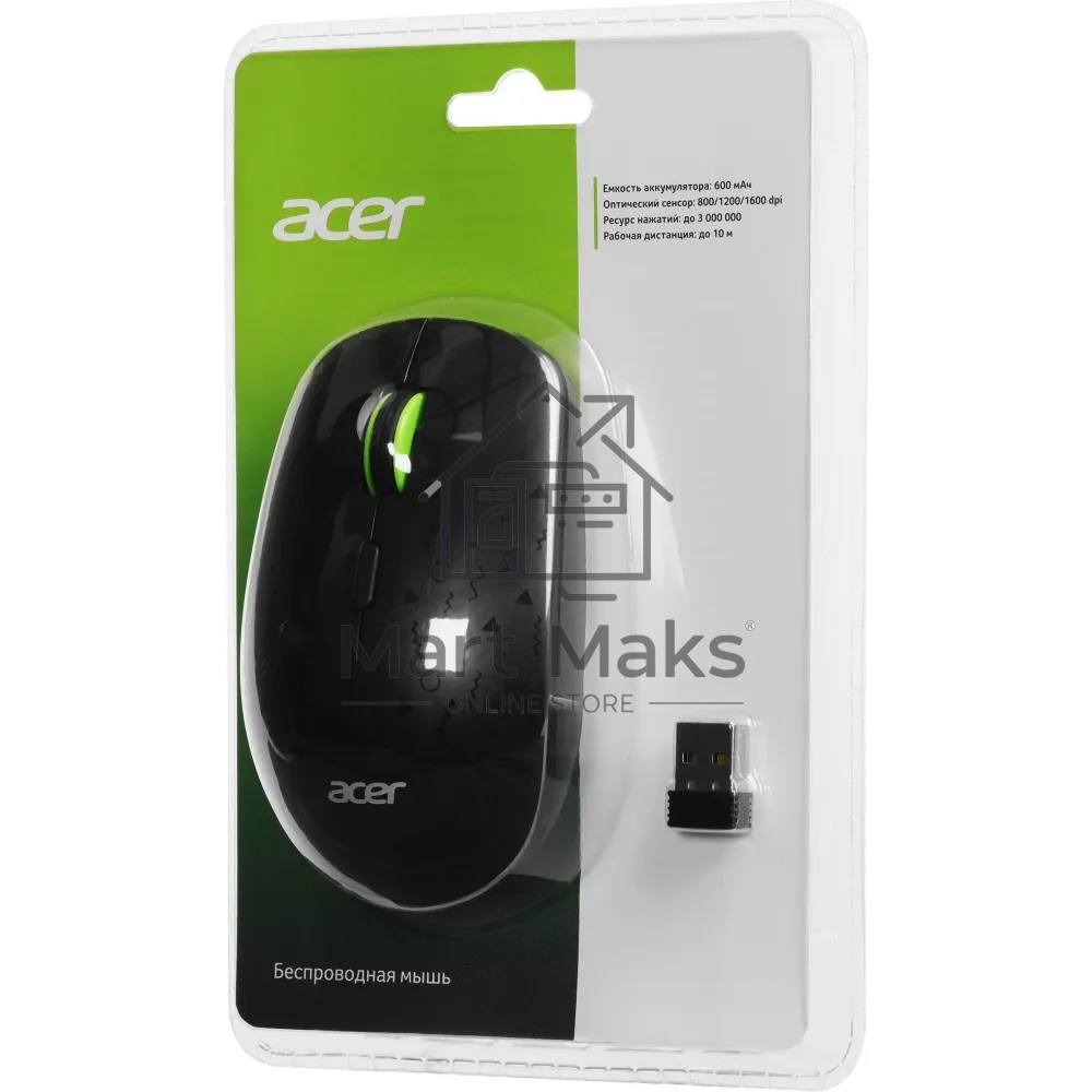 Мышь беспроводная Acer OMR307 черный, 1600 dpi, радиоканал, USB, кнопки - 4