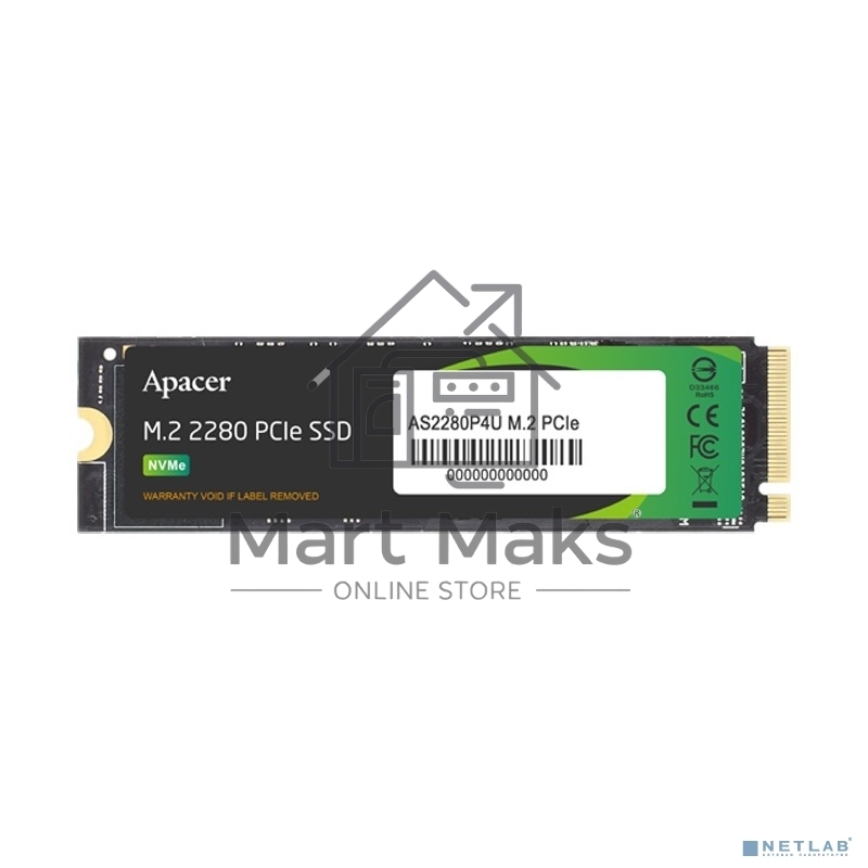 Накопитель SSD Apacer AS2280P4U, 1Tb, M.2 2280, PCIe 3.0 x4, NVMe, R/W 3500/3000