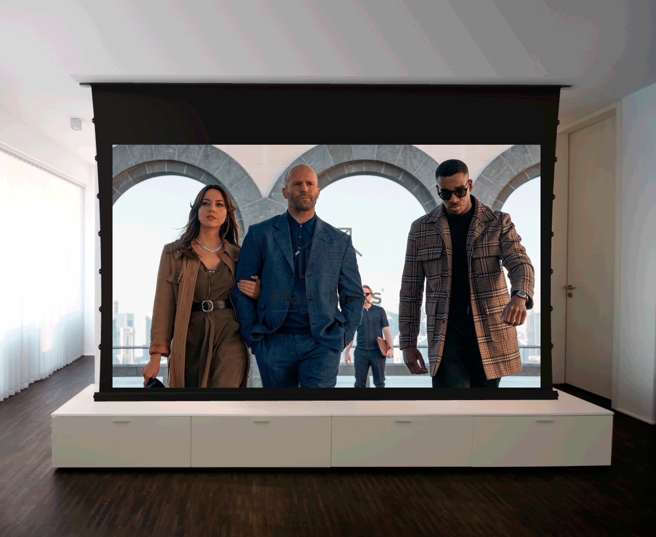 Экран для проектора S'OK SCPSMC-298X168ED45GF для встраивания в потолок моторизованный 135'' с боковым натяжением, полотно Grey Fiberglass, экстрадроп 45см