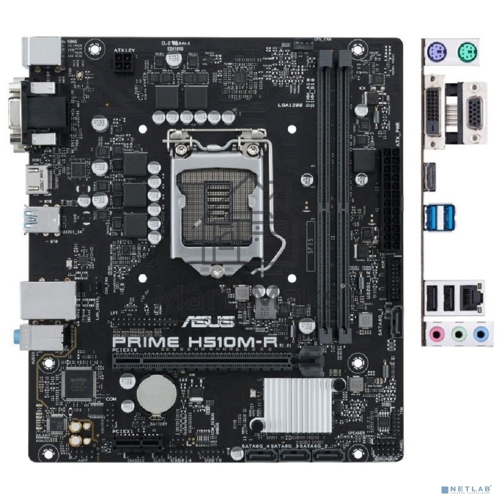 Материнская плата ASUS PRIME H510M-R-SI, LGA1200, Intel H510, 2xDDR4, 4xSATA, 1xPCIe 4.0 x16, 1xPCIe x1, 1xDVI-D, 1xHDMI, 1xVGA, 1x1Gb LAN, 2xUSB-A 5Gbps, 2xUSB-A, 3x3.5 мм, 7.1, PS/2, COM, LPT, mATX