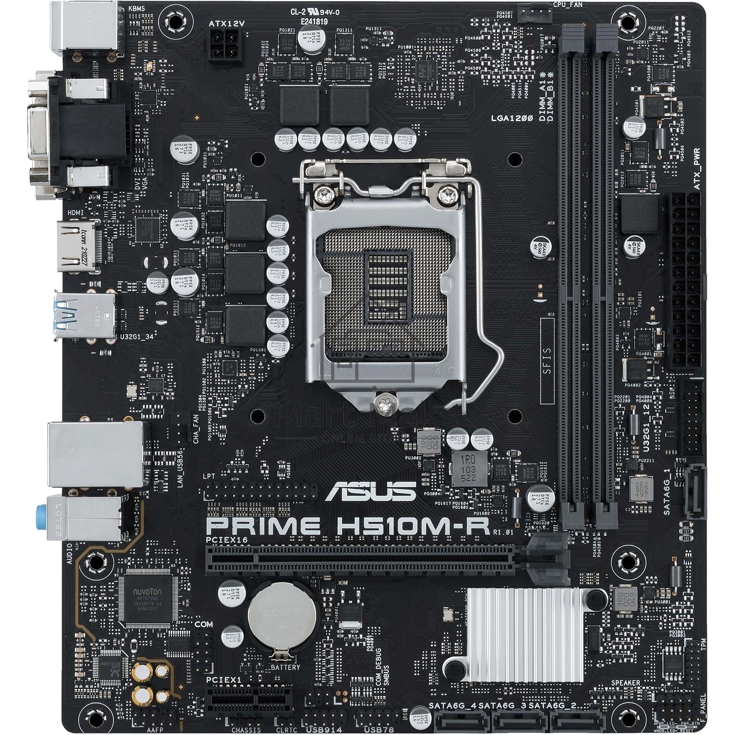 Материнская плата ASUS PRIME H510M-R-SI, LGA1200, Intel H510, 2xDDR4, 4xSATA, 1xPCIe 4.0 x16, 1xPCIe x1, 1xDVI-D, 1xHDMI, 1xVGA, 1x1Gb LAN, 2xUSB-A 5Gbps, 2xUSB-A, 3x3.5 мм, 7.1, PS/2, COM, LPT, mATX