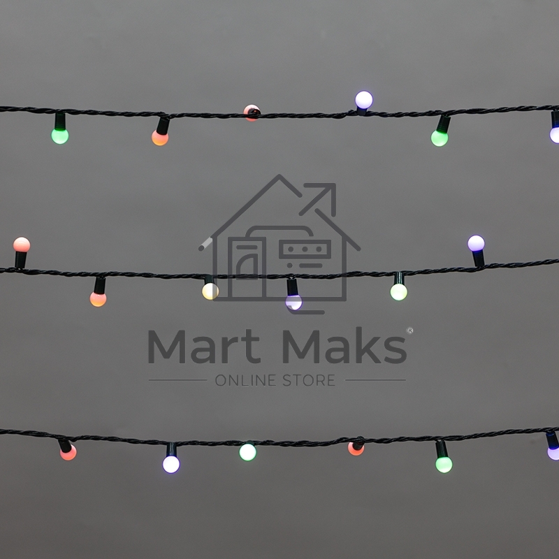 Гирлянда Мультишарики 20м, 200LED, диаметр 15мм, IP44, зеленый провод, свечение мульти (RG/RB), мигание, 230В NEON-NIGHT