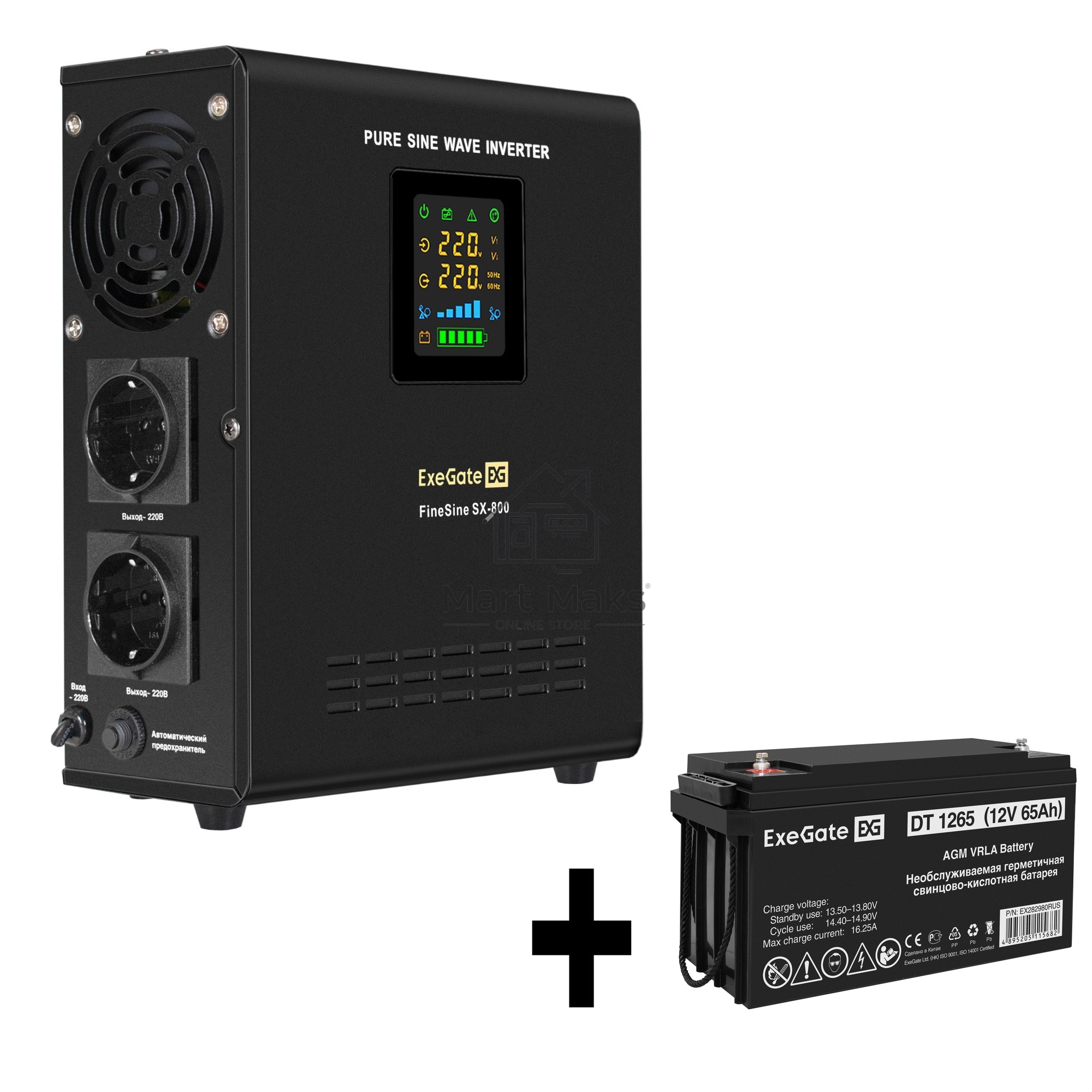 Комплект Источник бесперебойного питания EX295996RUS + батарея 65Aч EX282980RUS 1шт ExeGate FineSine SX-800.LCD.AVR.2SH + батарея ExeGate DT 1265 (12В, 65Ач) 1шт