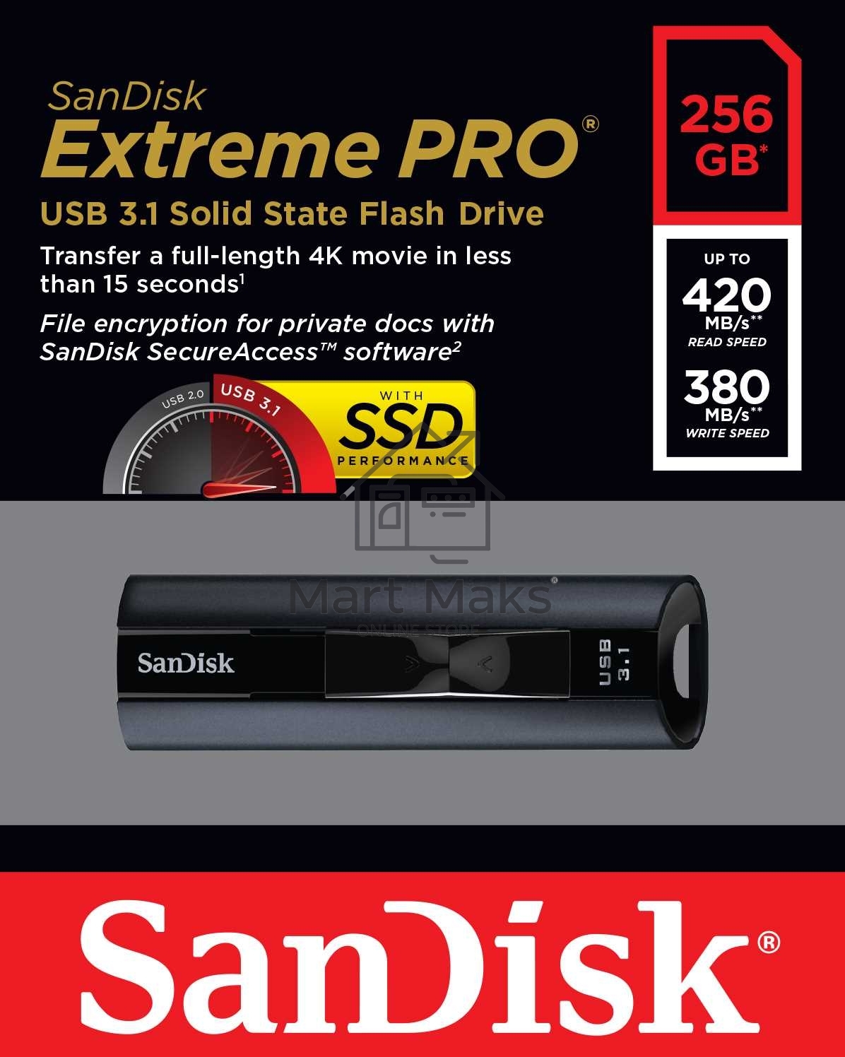 Флешка USB R/W R/W 256GB SanDisk CZ880 Cruzer Extreme Pro, USB 3.1, Металлич., черный