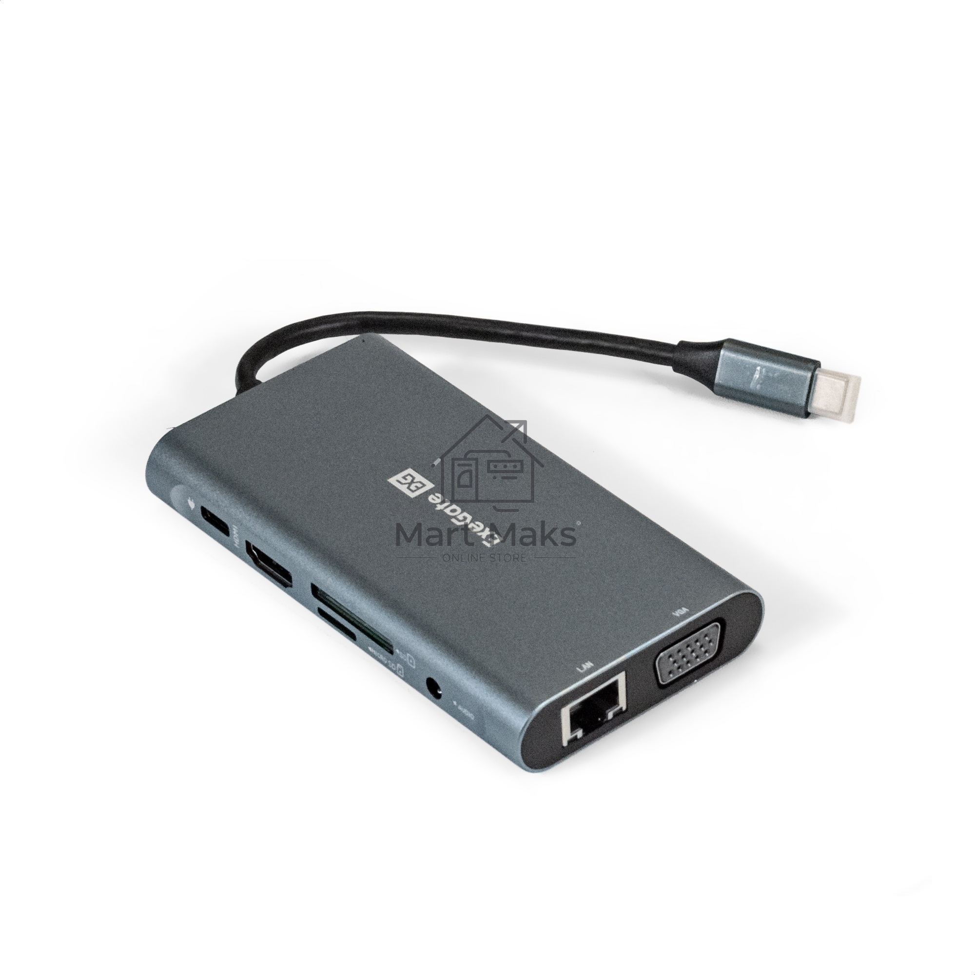 Док-станция ExeGate EX293985RUS DUB-31C/MAX (кабель-адаптер USB Type-C --> 3xUSB3.0 + Card Reader + PD 100W + HDMI 4K@30Hz + VGA + Audio + Lan RJ45 10/100/1000Mb, Plug&Play, серый)