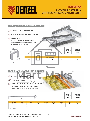 Скобы 21GA для пнев. степл., 16мм, шир. - 0,95мм, тол. - 0,6мм, шир. скобы - 12,8мм, 5000шт Denzel