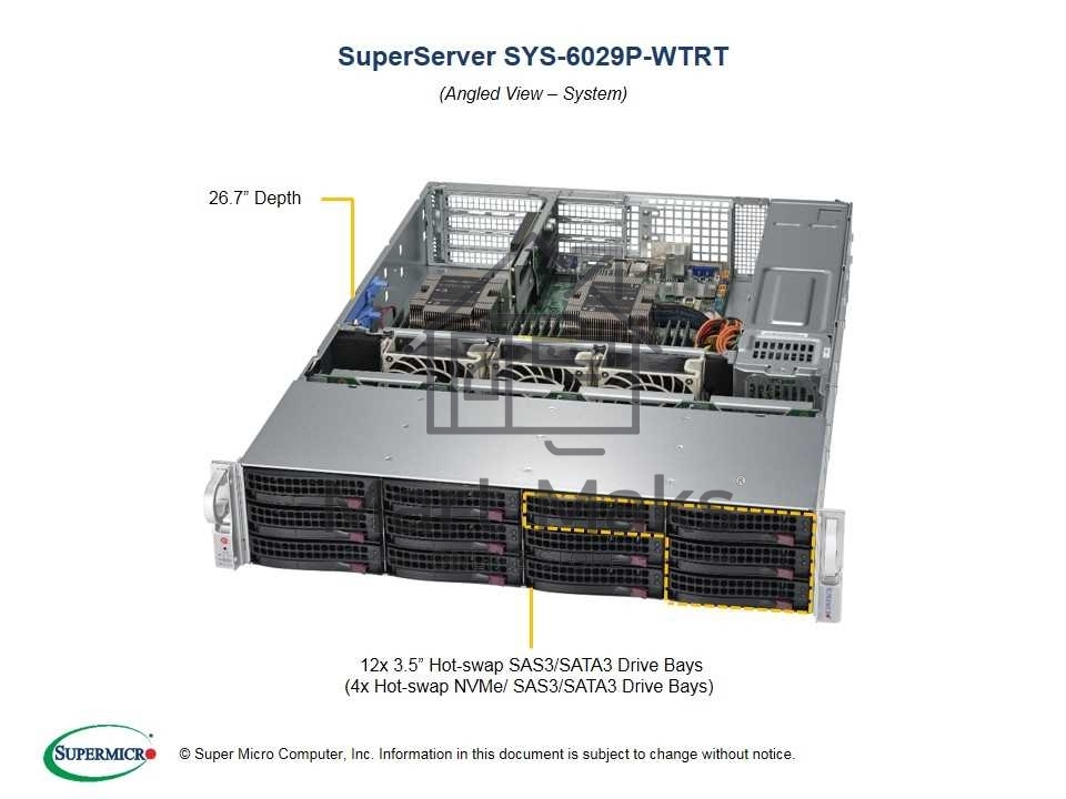 Платформа SuperMicro SYS-6029P-WTRT 2U 6029P-WTRT noCPU(2)Scalable/TDP 70-205W/ no DIMM(12)/ SATARAID HDD(12)LFF/ 2x10GbE/ 3xFH, 2xLP, M2/ 2x1200W