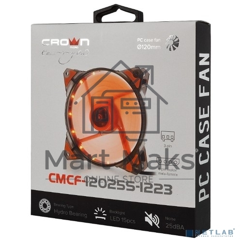 Вентилятор для корпуса Crown CMCF-12025S-1223 черный/оранжевый, 120 мм, 1650 об/мин, 28 дБ, 3 pin