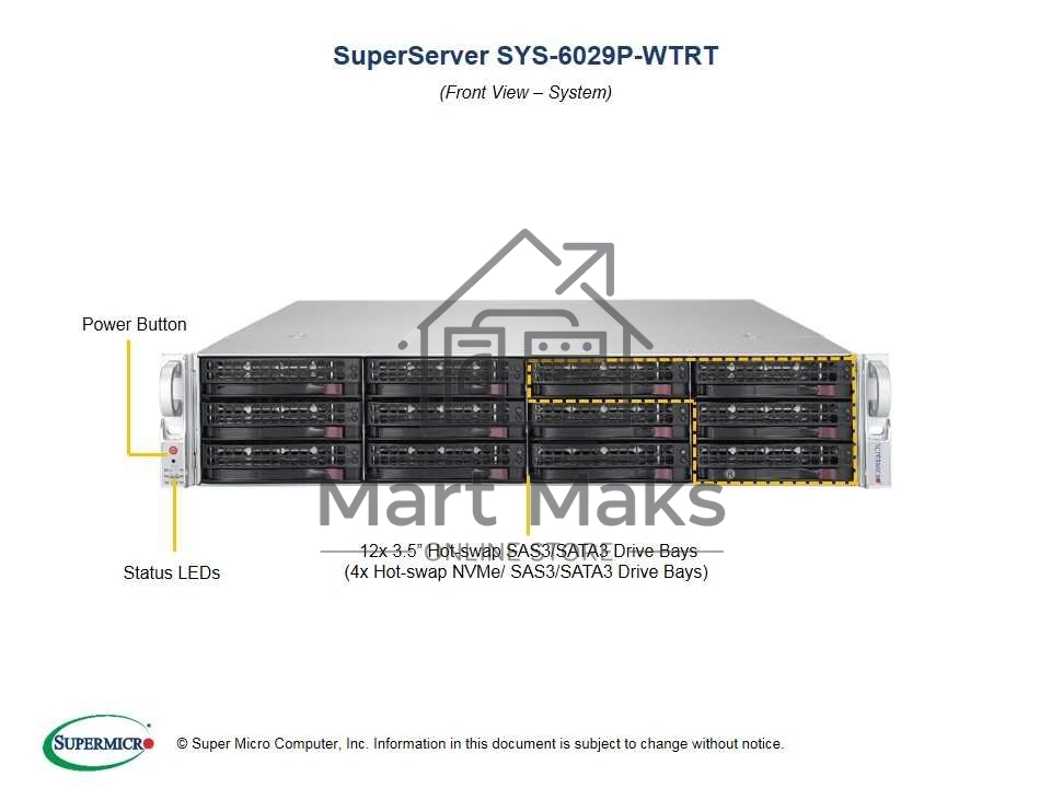 Платформа SuperMicro SYS-6029P-WTRT 2U 6029P-WTRT noCPU(2)Scalable/TDP 70-205W/ no DIMM(12)/ SATARAID HDD(12)LFF/ 2x10GbE/ 3xFH, 2xLP, M2/ 2x1200W