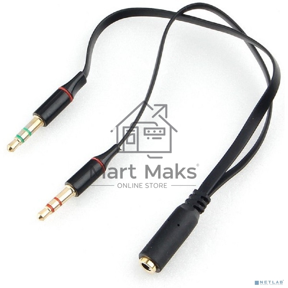 Кабель аудио Cablexpert CCAB-02-35F2M-0.2MB. 3.5 Jack 4pin(F)/2х 3.5 Jack(M) наушники и микрофон, черный, 0.2м, блистер