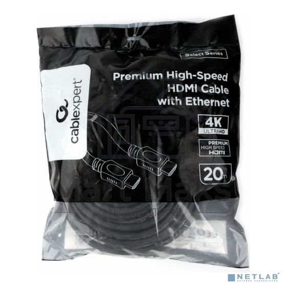 Кабель HDMI Cablexpert CC-HDMI4L-20M, 20м, v2.0, 19M/19M, серия Light, черный, позол.разъемы, экран, пакет