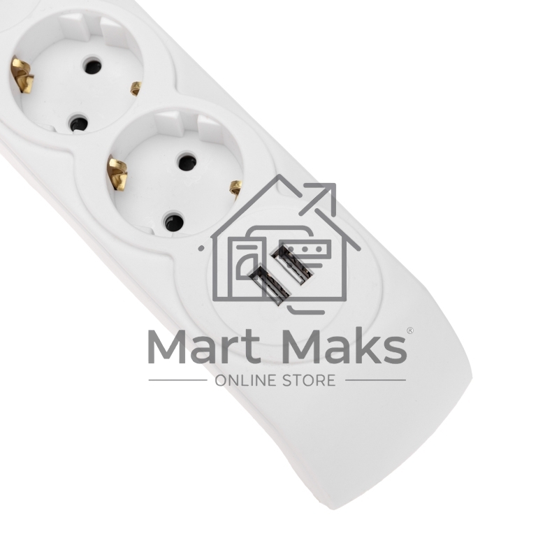 Сетевой фильтр 5 гнезд, 3м, 3х1,5мм², с автовыкл, 2 USB, белый KRANZ