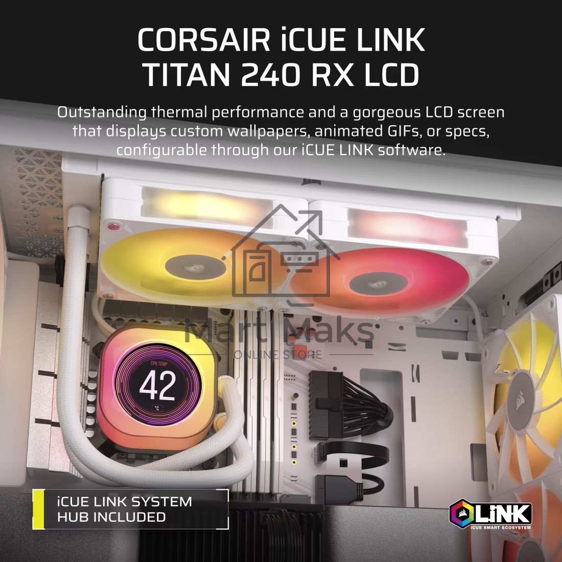 Система жидкостного охлаждения Water Cooling System Corsair iCUE LINK TITAN 240 RX LCD (240mm, белый, RGB/ Fans: 2x120mm, 73.5CFM, 36dBA, 2100RPM/ S: 1851, 1700, AM5, AM4)