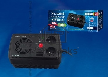 Стабилизатор напряжения UNIEL 9620 U-STR-1000/1 серия Standard Courage 1000 ВА Однофазный электронны(релейный) стабилизатор,номинальная мощность 1,0кВА,диапазон входного напряжения 145-280В,выходное напряжение 220+/-10%В,частота 50/60Гц,точность стабилиза
