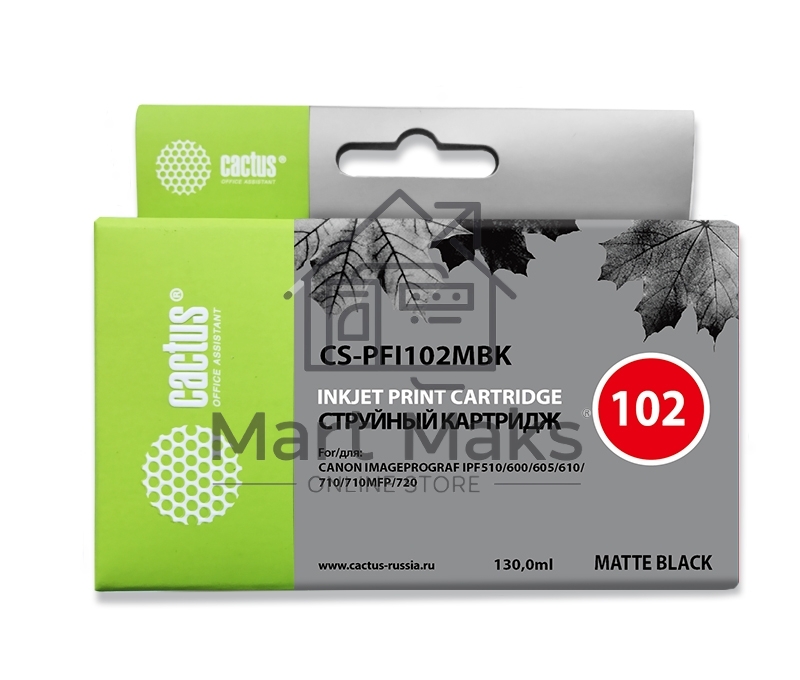 Картридж струйный Cactus CS-PFI102MBK черный матовый (130мл) для Canon iPF500/iPF600/iPF700/ MFP M40/iPF765/LP17/LP24