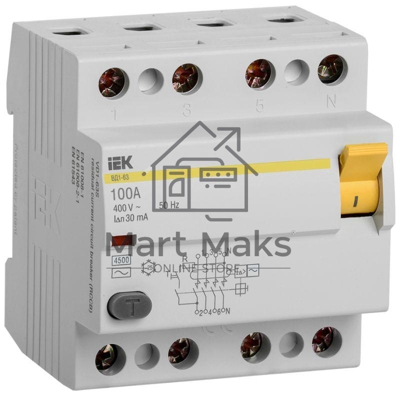 Выключатель дифференциального тока IEK 4п 100A 30mA тип AC ВД1-63 ИЭК MDV10-4-100-030