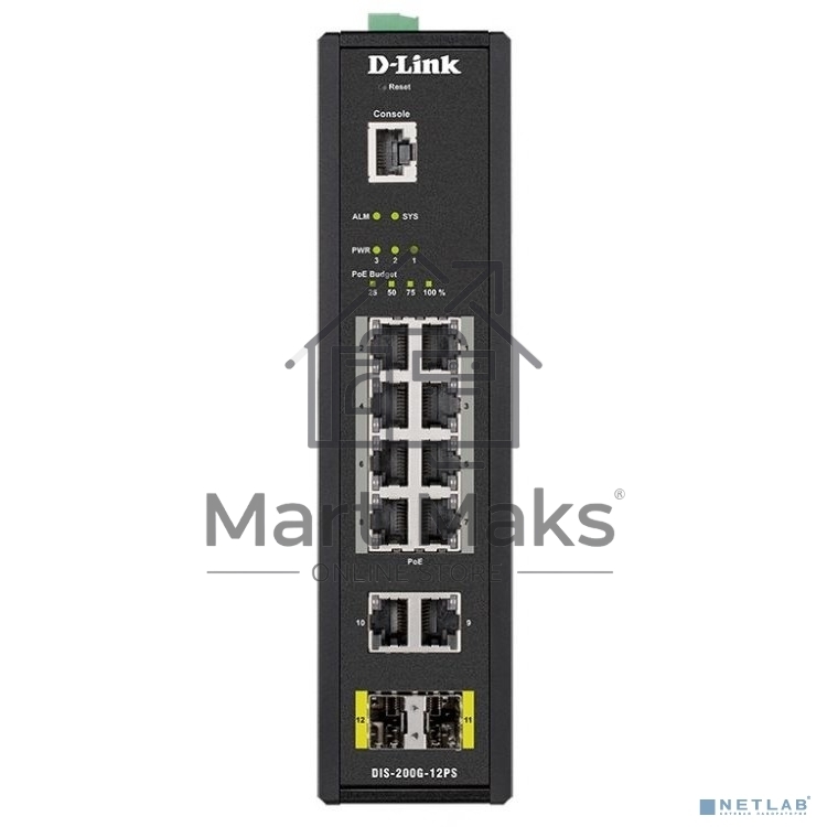 КоммутаторD-Link DIS-200G-12PS/A1A, L2 Managed Industrial Switch with 10 10/100/1000Base-T and 2 1000Base-X SFP ports (8 PoE ports 802.3af/802.3at (30 W), PoE Budget 123 W)8K Mac address, 802.3x Flow Control,