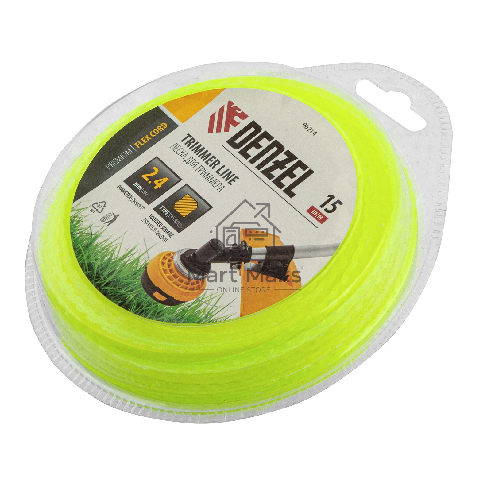 Леска для триммера зубчатый квадрат, 2,4мм х 15м, блистер FLEX CORD Denzel