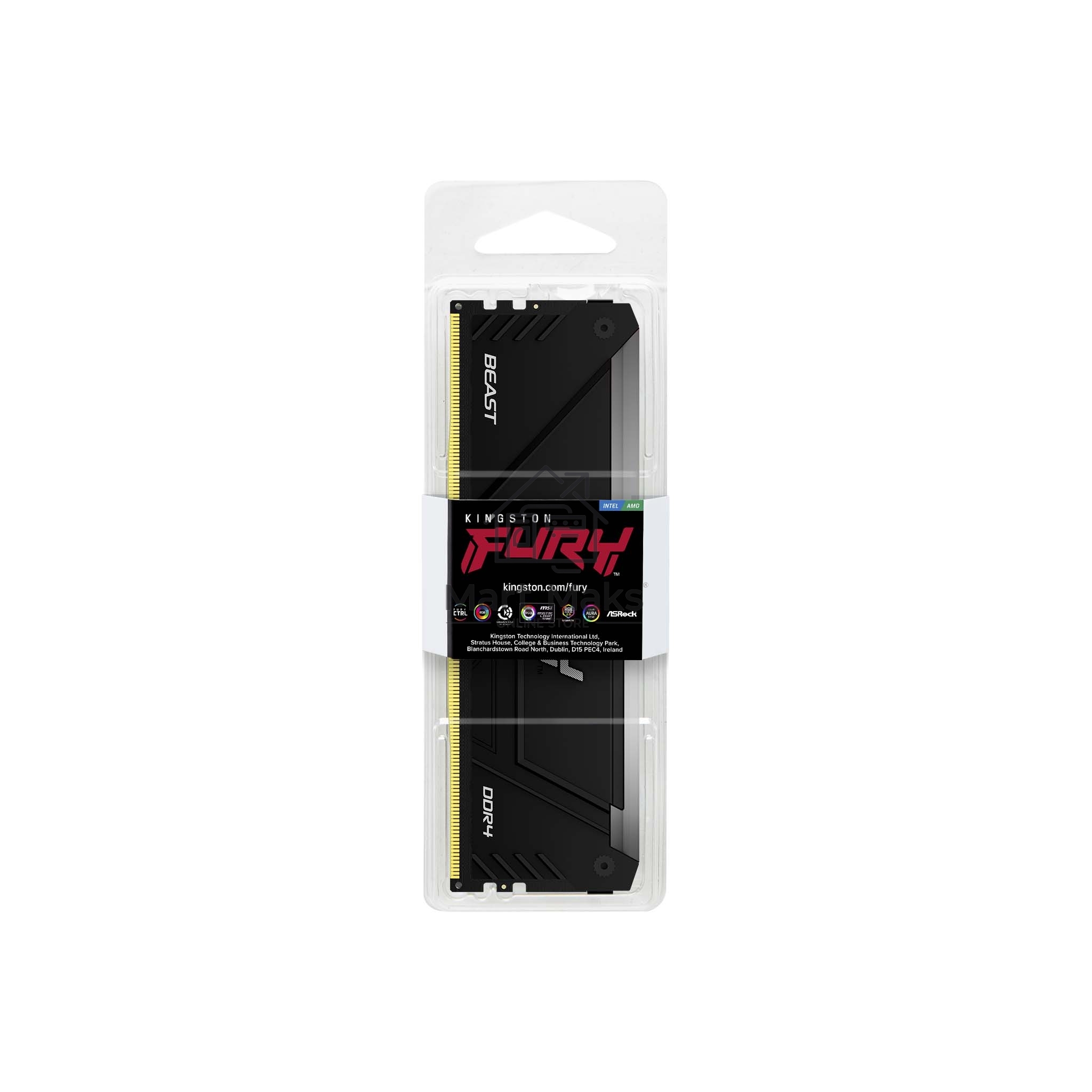 Оперативная память Kingston Fury Beast, DDR4, 16GB (1x16GB), 3200MHz, CL16, DIMM, с радиатором, RGB, черный