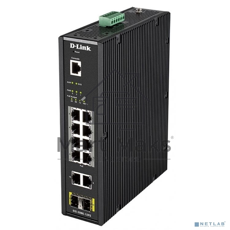 КоммутаторD-Link DIS-200G-12PS/A1A, L2 Managed Industrial Switch with 10 10/100/1000Base-T and 2 1000Base-X SFP ports (8 PoE ports 802.3af/802.3at (30 W), PoE Budget 123 W)8K Mac address, 802.3x Flow Control,