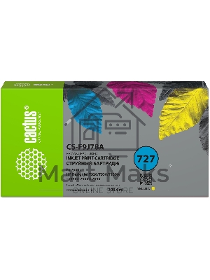 Картридж струйный Cactus CS-F9J78A 727 желтый (300 мл) для HP DJ T920/T930/T1500/T1530/T2500/T2530