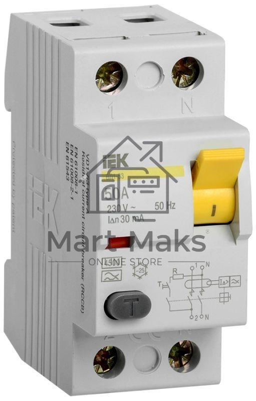 Выключатель дифференциальныйУЗО Iek MDV10-2-050-030 ВД1-63 2Р 50А 30мА ИЭК