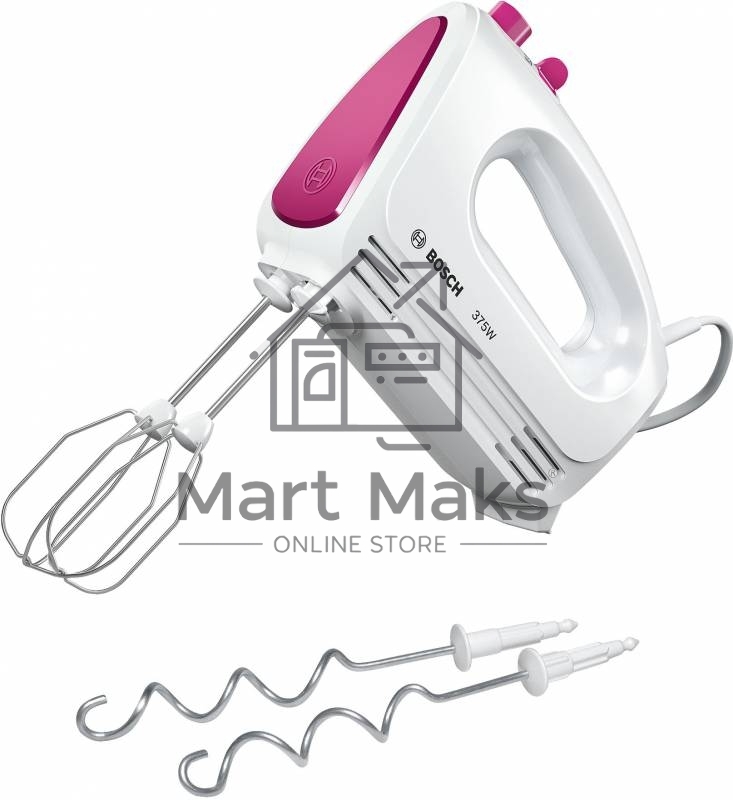 Миксер Bosch MFQ2210P, 375 Вт, белый/розовый, 4 скорости+ импульс.режим, 2 крюка+ 2 венчика