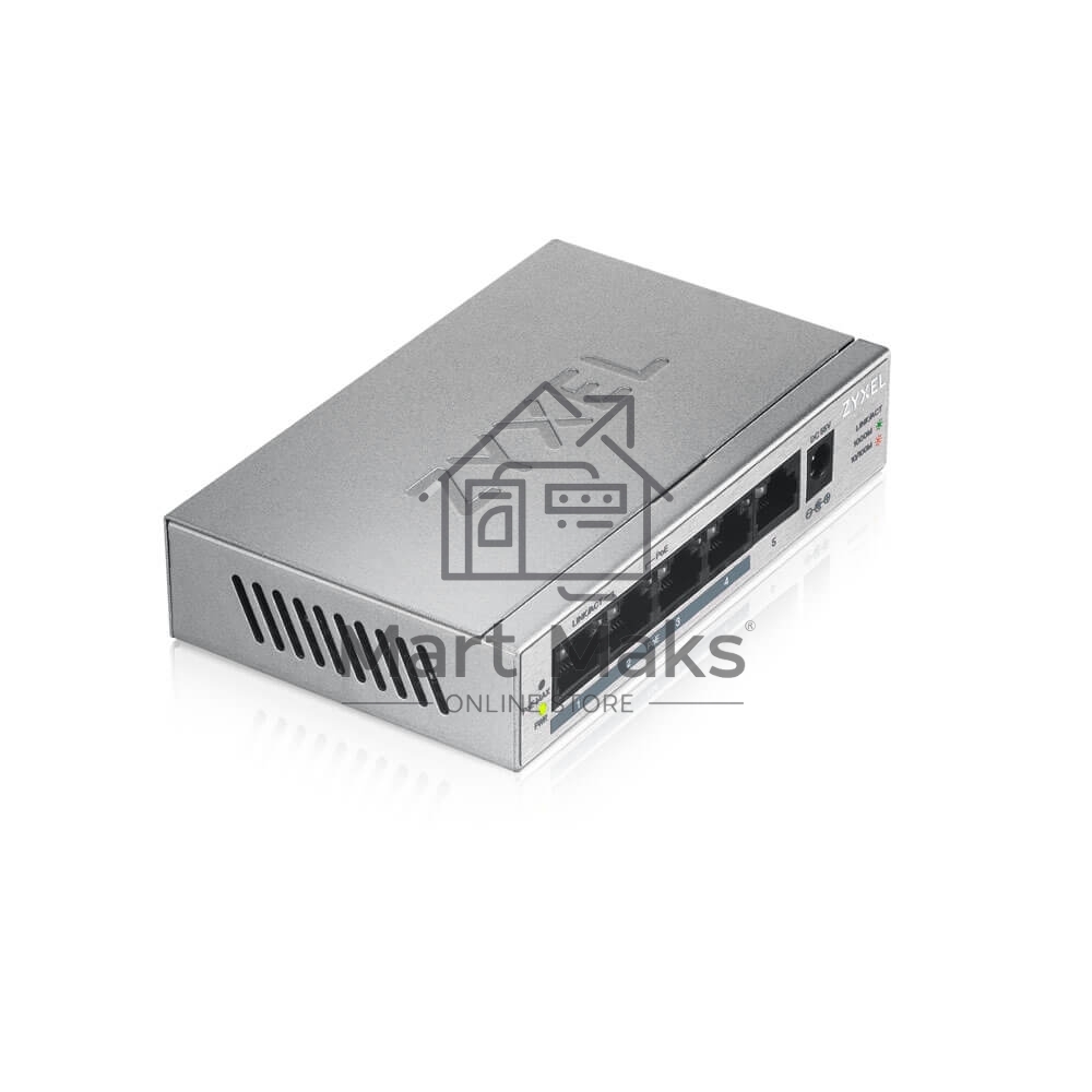 Коммутатор Zyxel GS1005HP Switch PoE +, 5xGE (4xPoE +), desktop, metal, silent, PoE budget 60 W
