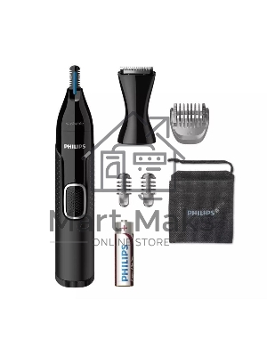 Триммер Philips для носа и ушей, черный, корпус - пластик, 3 насадки-гребня, насадка - триммер, щеточка для очистки, мягкий чехол, батарейка