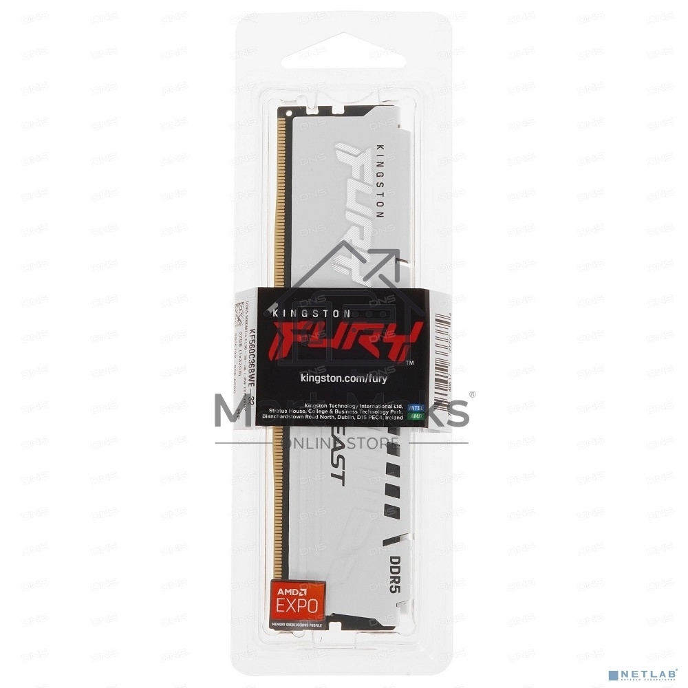 Оперативная память Kingston Fury Beast, DDR5, 32GB (1x32GB), 6000MHz, CL36, DIMM, с радиатором, белый