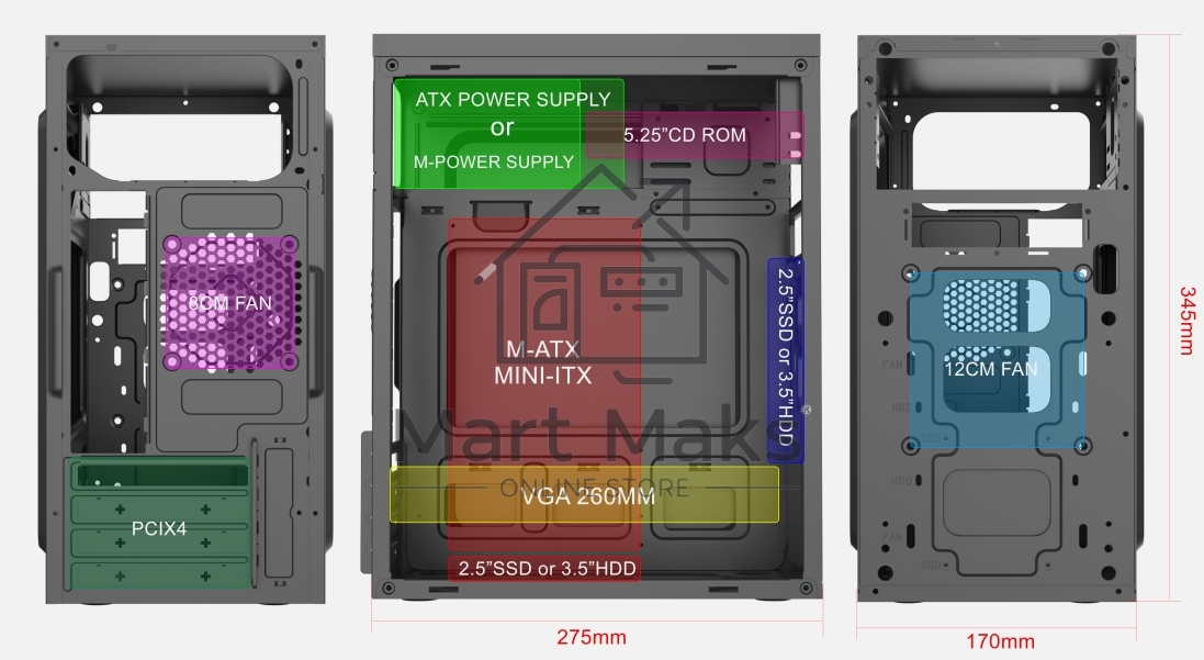Компьютерный корпус с блоком питания 450Вт./ Case Forza mATX case, black, w/PSU 450W 12cm, w/2xUSB2.0, w/pwr cord, w/o FAN