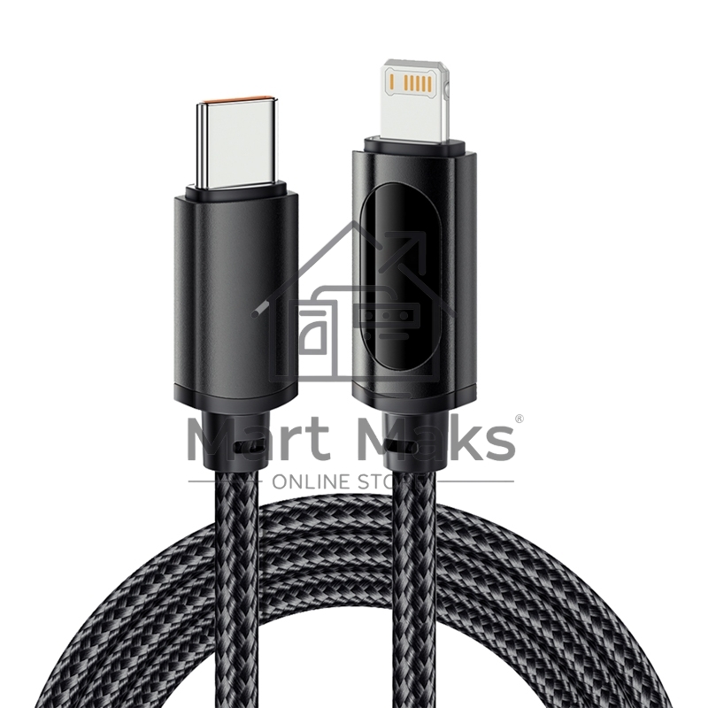 Кабель Rexant Type-C – Lightning для Apple, 3А, 1м, в черной нейлоновой оплетке, с LED-дисплеем