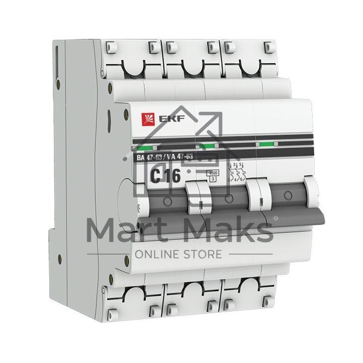 Автоматический выключатель EKF mcb4763-3-16C-pro 3P 16А (C) 4,5kA ВА 47-63 EKF PROxima
