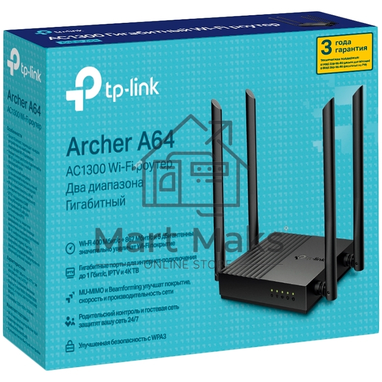 Роутер TP-Link Archer A64 AC1300 Wi-Fi роутер с MU-MIMO. RouterSPEED: 400 Mbps at 2.4GHz + 867Mbps at 5GHz SPEC: 4×Antennas, 1×Gigabit WAN Port + 4×Gigabit LAN Ports FEATURE: Tether App, WPA3, Access Point Mode, IPv6 Supported, IPTV, Beamforming, Smart Co