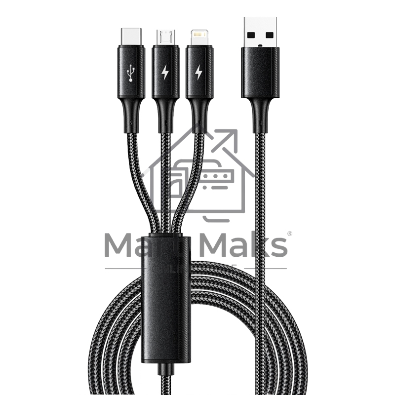 Кабель Rexant USB 3в1 Type-С (6A), Lightning (2,4A), micro USB (3A) 1,2м, в черной оплетке 18-7075