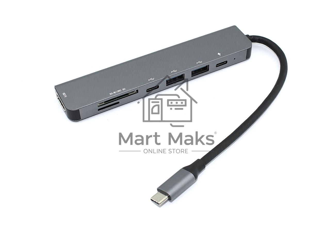 Адаптер Type C на HDMI, PD+, USB 3.0*2 + SD/TF для MacBook, серебро