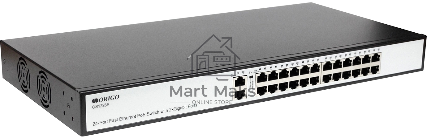 Неуправляемый PoE-коммутатор ORIGO OS1226P/285W/A1A 24x100Base-TX PoE+, 2x1000Base-T, PoE-бюджет 285 Вт, корпус металл
