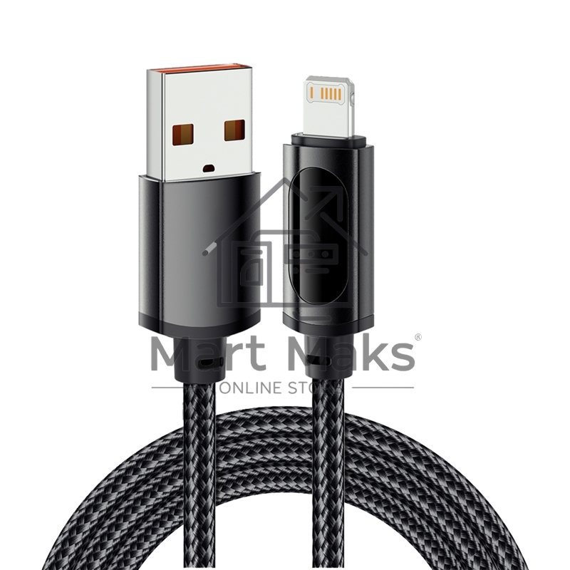 Кабель USB-A – Lightning для Apple, 2,4А, 1м, в черной нейлоновой оплетке, c LED дисплеем Rexant