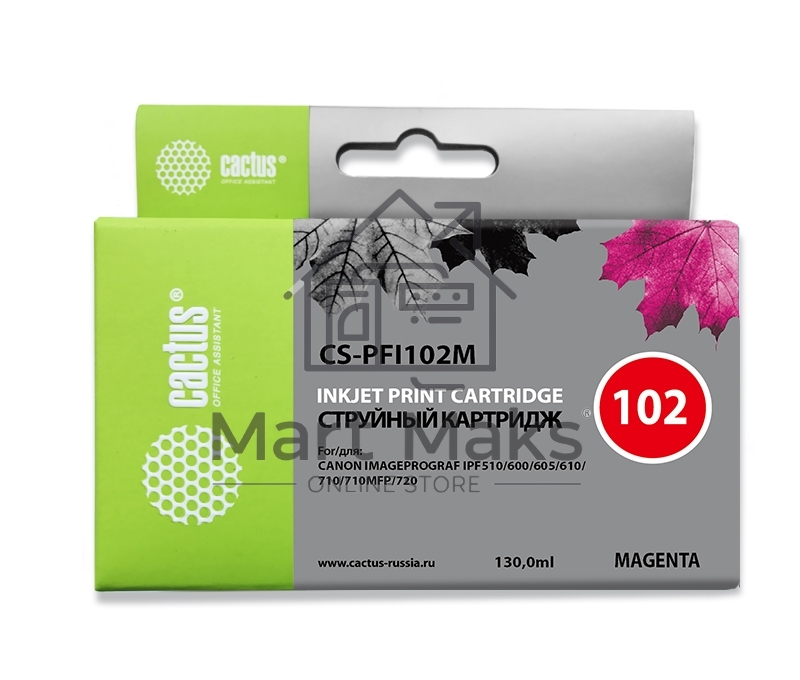 Картридж струйный Cactus CS-PFI102M пурпурный (130мл) для Canon IP iPF500/iPF600/iPF700/MFP M40/iPF765/LP17/LP24