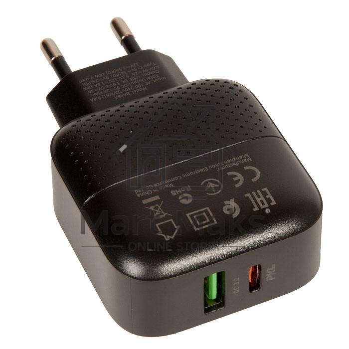 Зарядное устройство BOROFONE BA46A Premium, один порт USB, один порт Type-C, PD, 18W, 5V, 3.0A, черный