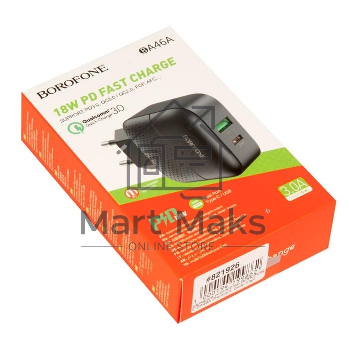 Зарядное устройство BOROFONE BA46A Premium, один порт USB, один порт Type-C, PD, 18W, 5V, 3.0A, черный