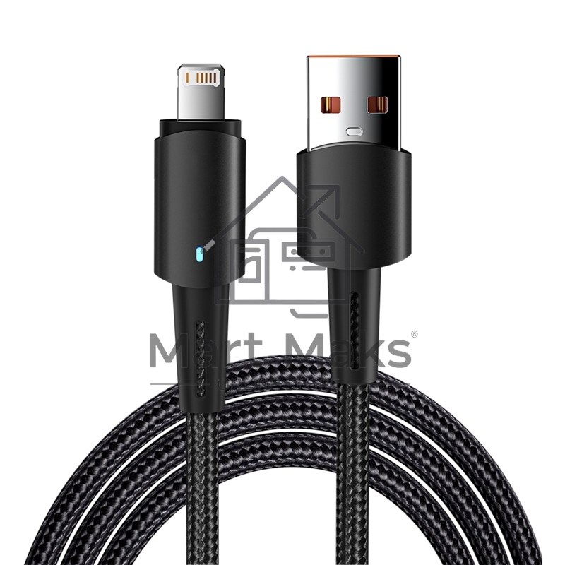 Кабель USB-A – Lightning для Apple, 2,4А, 1м, в черной нейлоновой оплетке, со световой индикацией Rexant