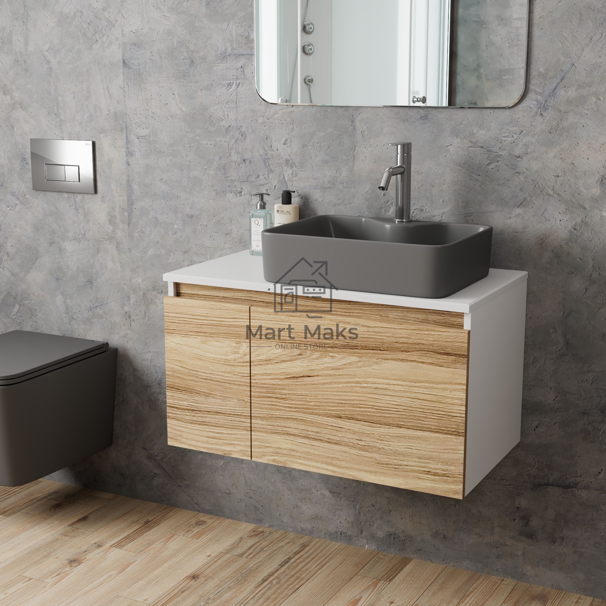 Комплект: тумба Bau Dream Blackwood 80, раковина BAU Cerama 48х37, темно-серая, смеситель Hotel Dream, нерж сталь